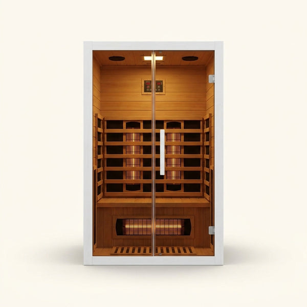 2 Person Extendable FAR Infrared Sauna for Home, Hemlock Wood Low EMF 6 Carbon Heaters Indoor Saunas with LED Lights, Bluetooth Speaker, Digital Control Panel, and Seating Bench — Studio Shot