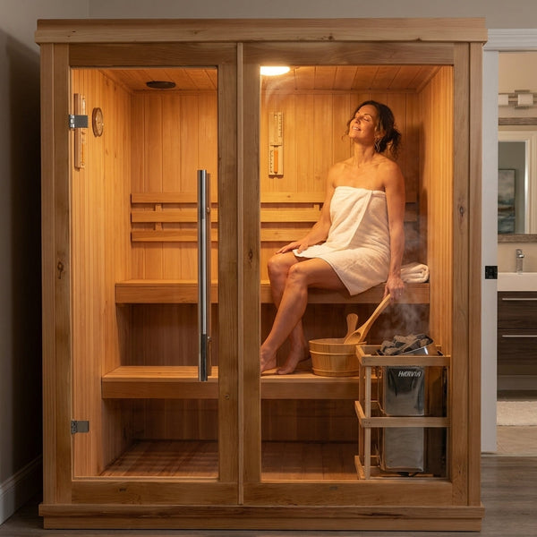 Indoor Traditional Sauna Built for Home Wellness, 6.0 kW Harvia Heater, Double Bench Design, 4-Person Capacity