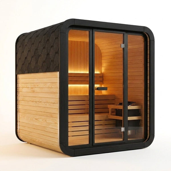 Outdoor Steam Sauna Built for Backyard Wellness, Natural Spruce Wood, Panoramic Glass Door, LED Lighting — Studio Shot