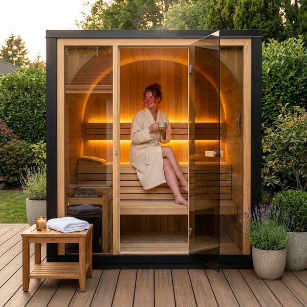 Traditional Steam Sauna Built for Outdoor Wellness, Natural Spruce Wood, Panoramic Glass Door, LED Lighting
